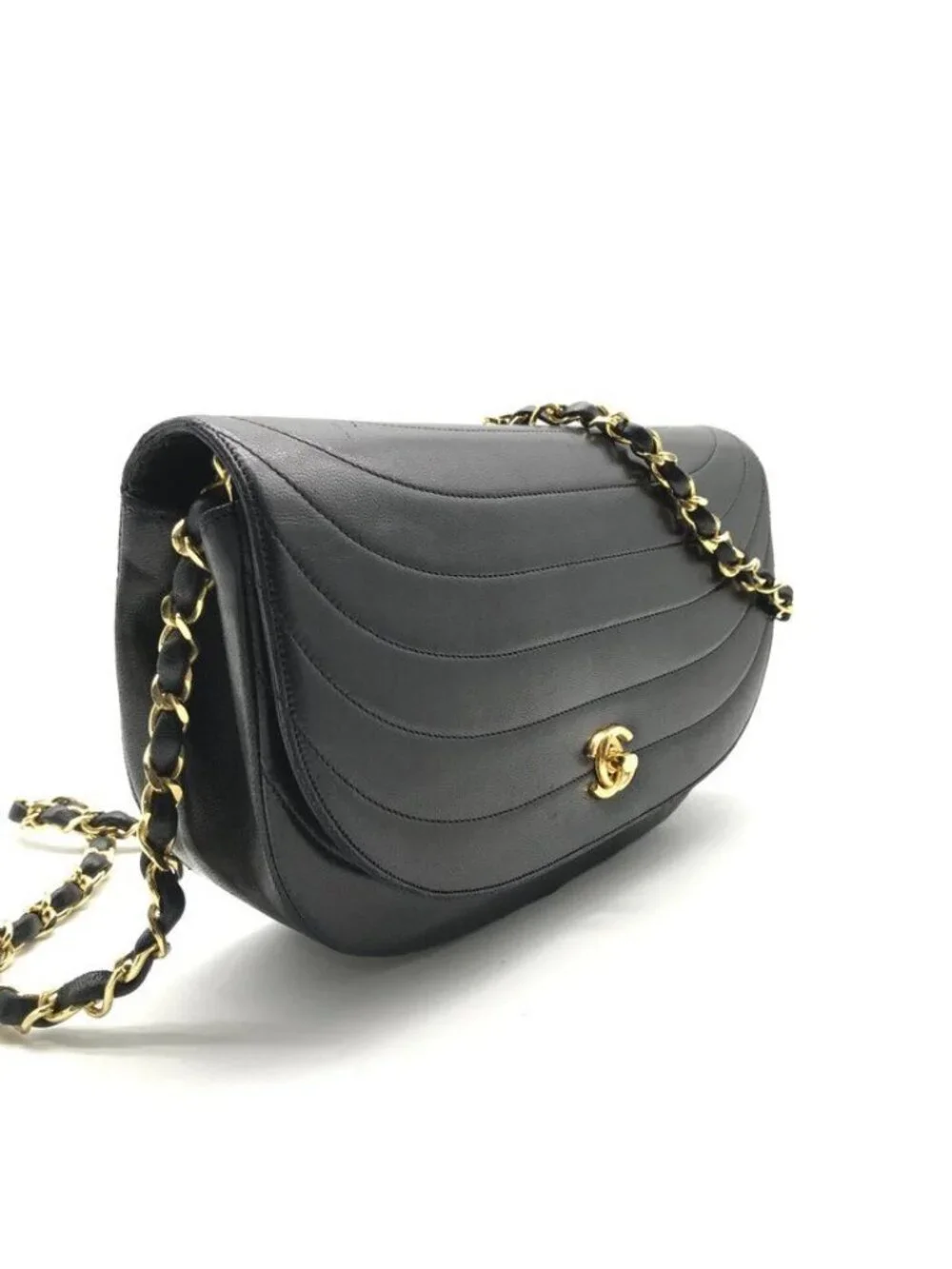 Chanel CC Logo Leather Half Moon Turnlock Chain Shoulder Bag Black